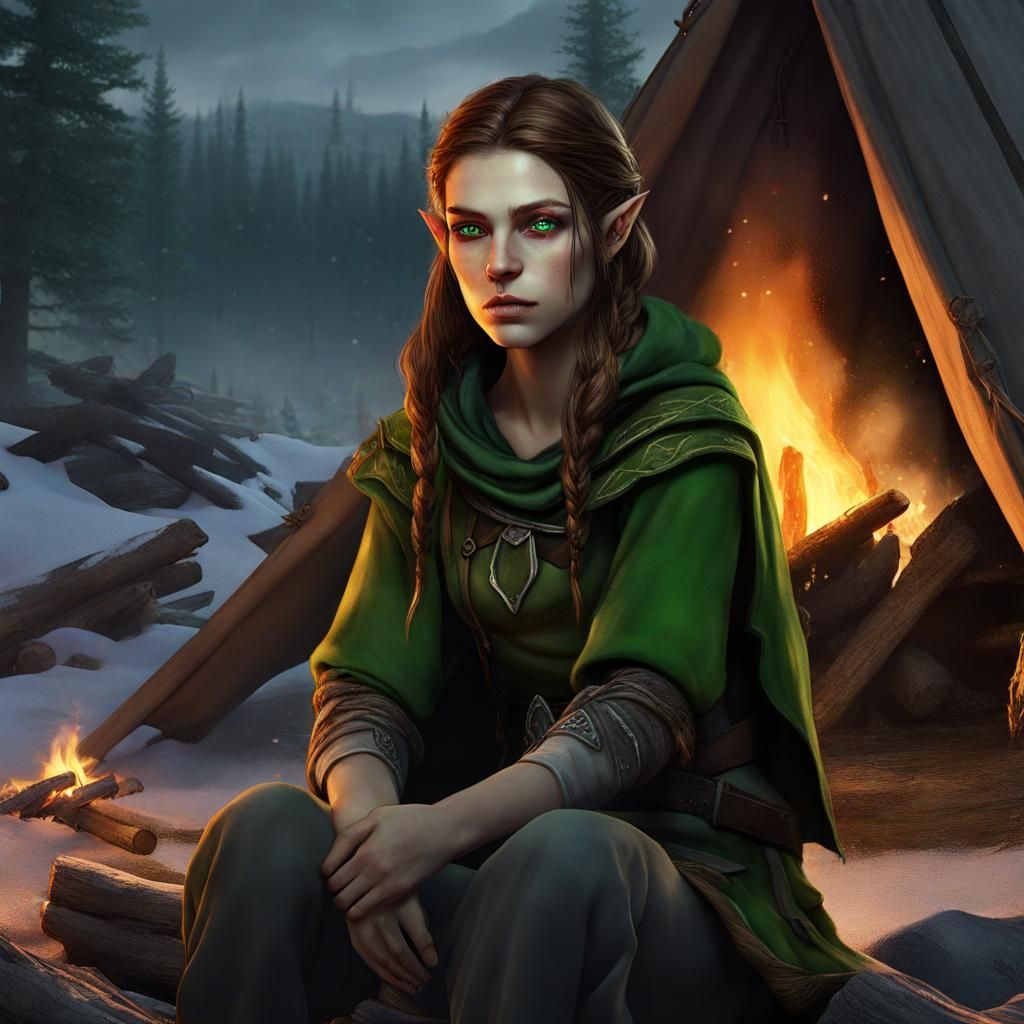Worried Half-Elf Recruit in Camp, Matte Painting