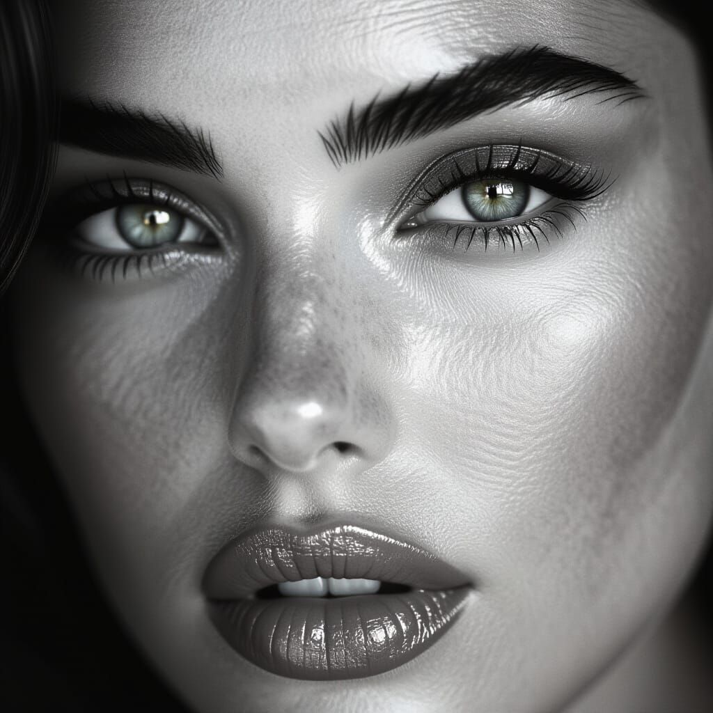 Monochromatic Close-Up of Eye and Lips, Cinematic Film Still