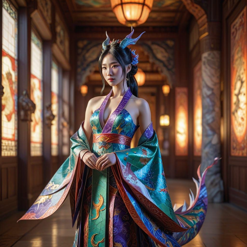 Ethereal Korean Dragon Princess in Ornate Palace Hall