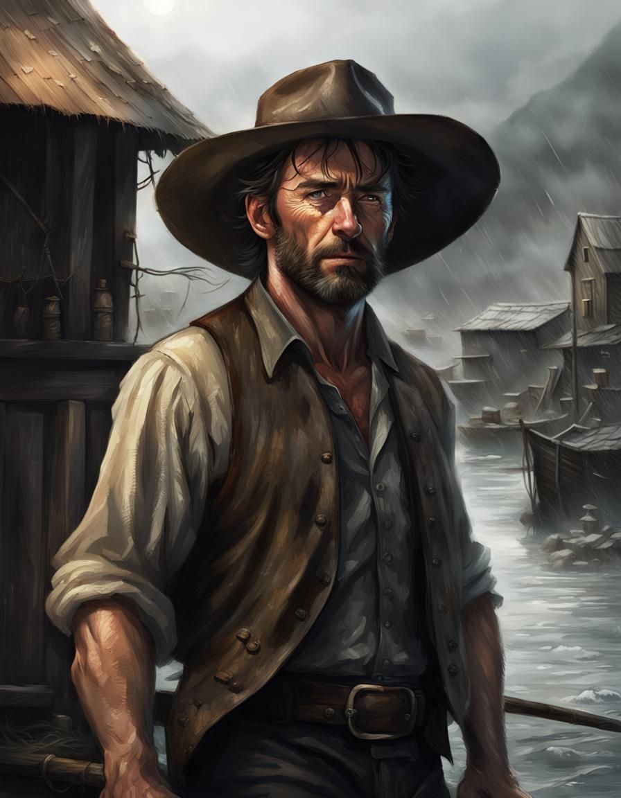 Fantasy Sheriff in Rainy Fishing Village: Dark Concept Art