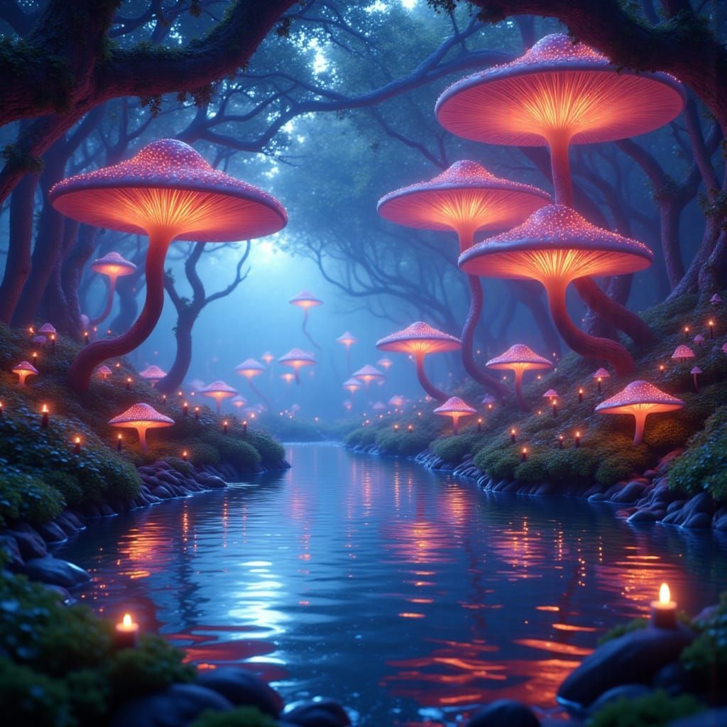 Enchanted Lake Under Bioluminescent Mushroom Canopy
