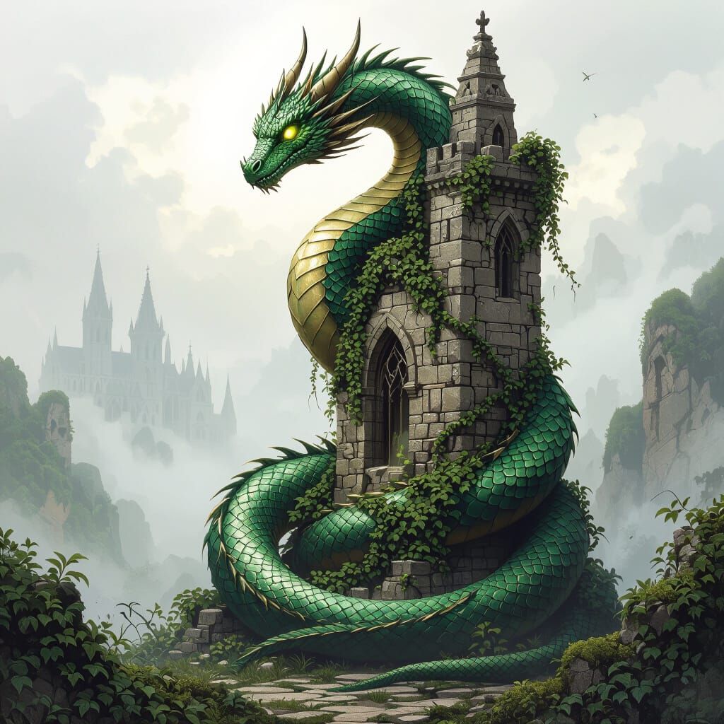 Emerald Dragon Coiled Around Gothic Tower