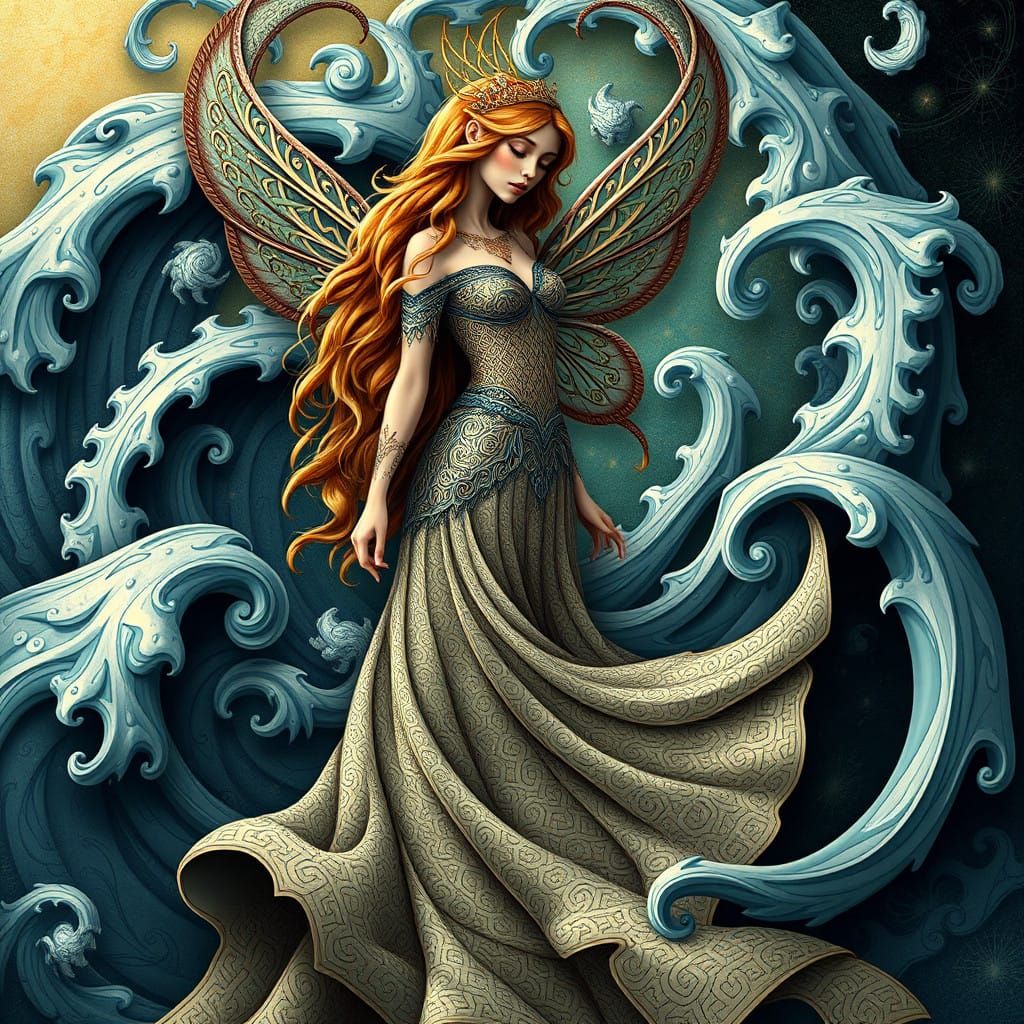 Irish Fairy Princess Amidst Swirling Celtic Knotwork Waves