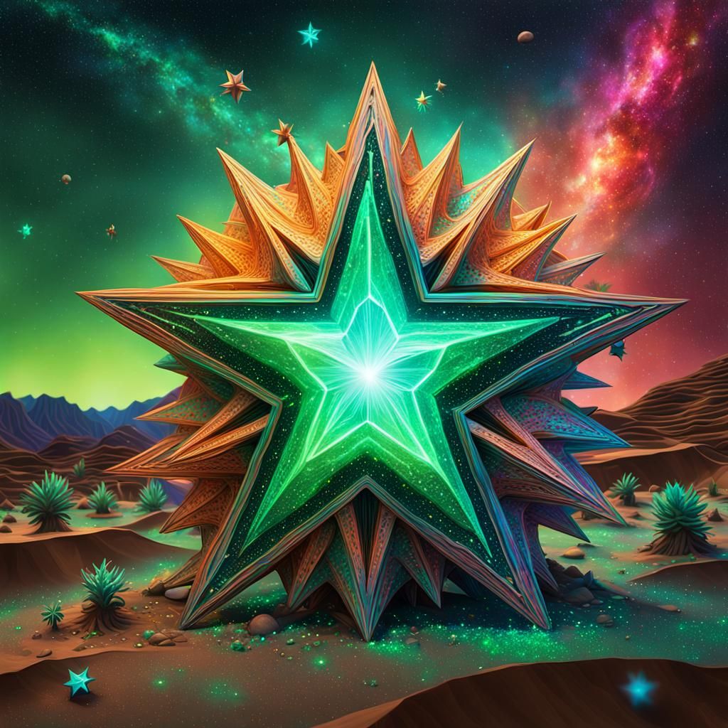 Hyperrealistic sharp focus vibrant fluorescent stars in wonderful psychedelic universe. Stars glowing, glowing, floating...