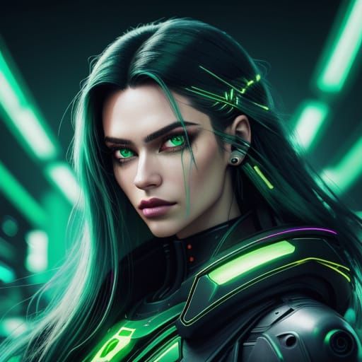 Cyberpunk Woman Portrait with Neon and Platinum Accents