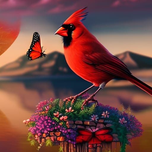 Cardinal and Butterfly in Mountain Landscape