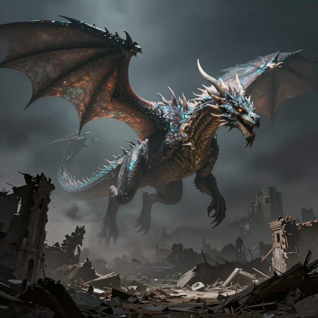 Ancient Dragon Over Ruined City in Dark Fantasy Style
