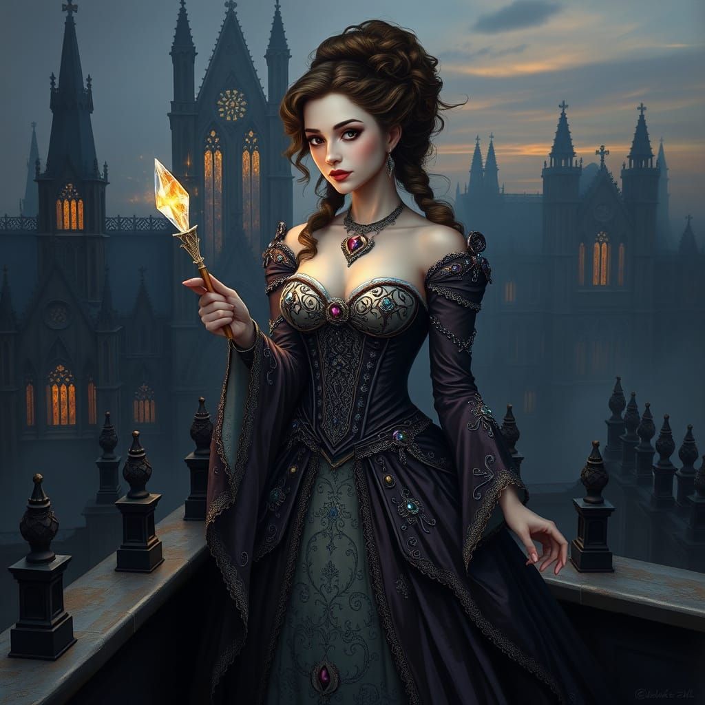 Regal Woman in Gothic Castle Rooftop Scene with Majestic Cat...