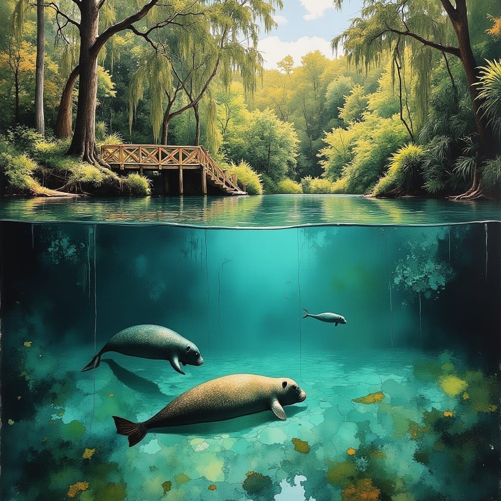 Emerald Oasis with Manatees and Tropical Foliage