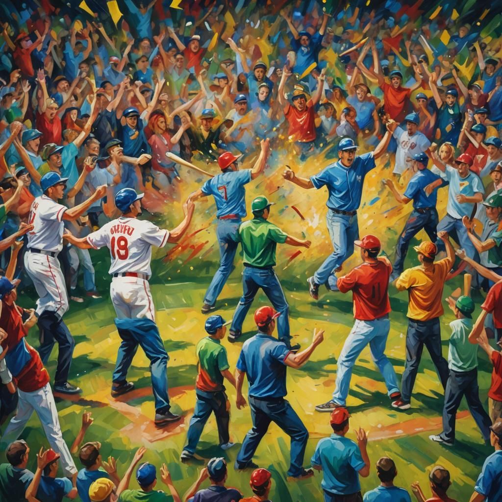 Energetic Baseball Fans in Abstract Expressionist Painting