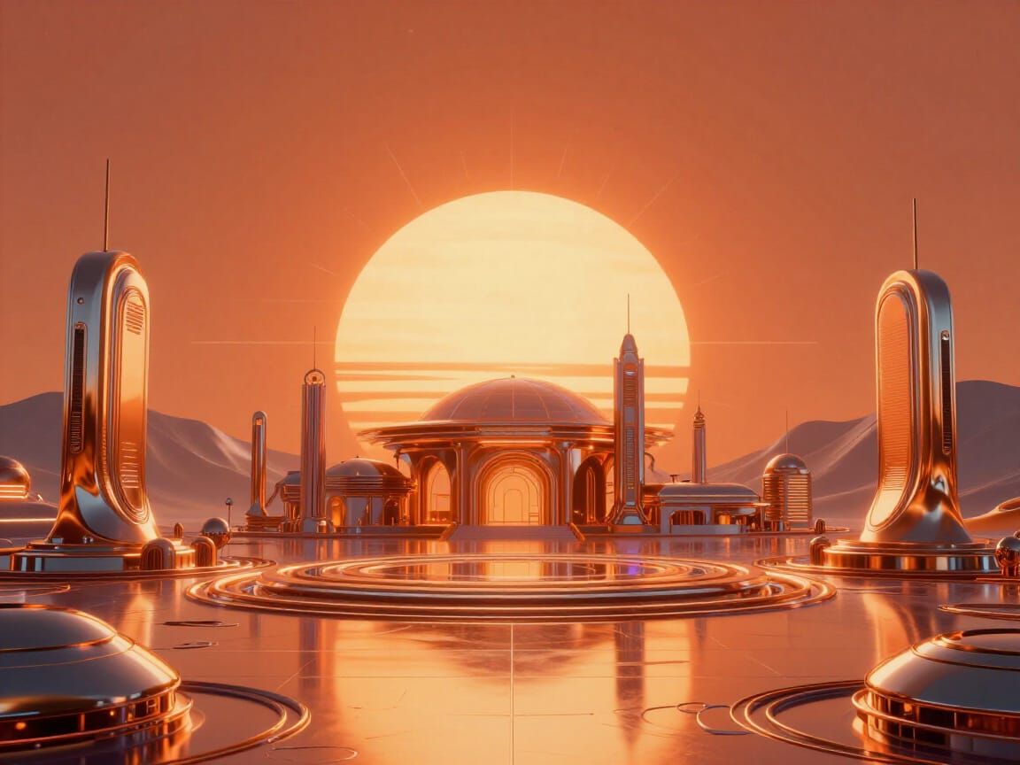 Retro Futurism Utopia in Soft Chrome Sci-Fi Style