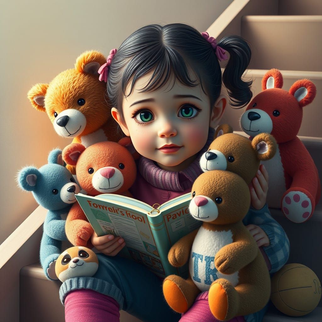 Whimsical Girl Surrounded by Playful Stuffed Animals in Art ...