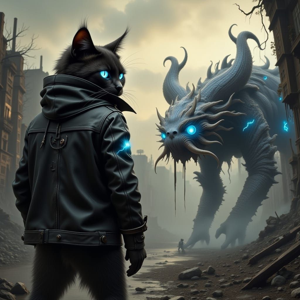 Regal Chartreux Cat Battles Mutated Monster in Post-Apocalyp...