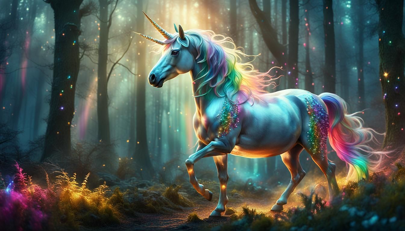 Unicorn Roaming Mystical Forest with Rainbow Jewel Horn