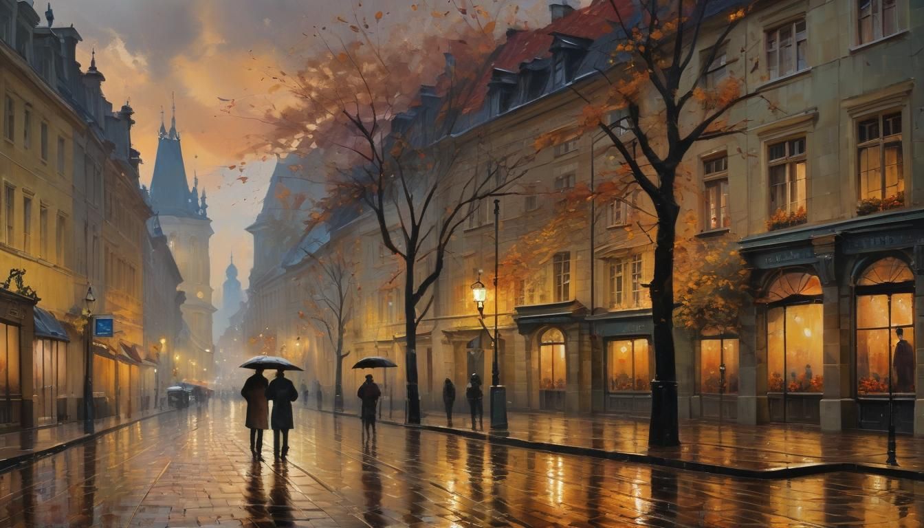 Rainy Prague Street Sunset as Oil Painting
