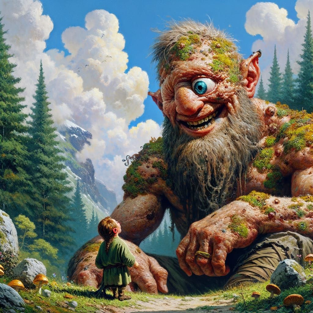 Cyclops in Lush Forest Landscape, Romanticism Era Oil Painti...