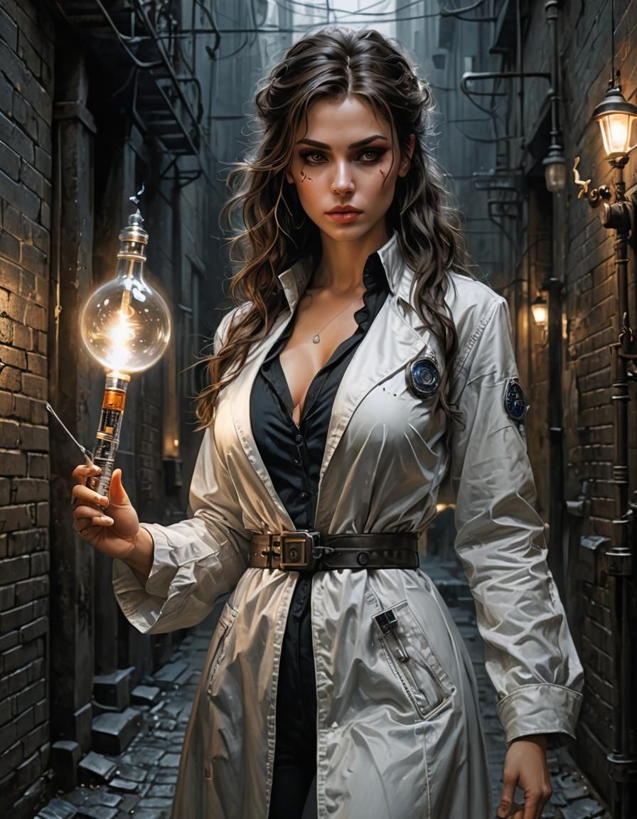 Mad Scientist in Alleyway, Hyperrealistic Illustration