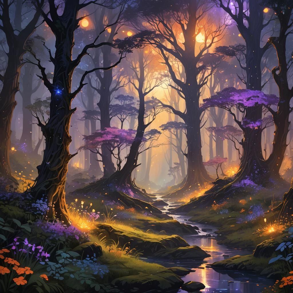 Lush Forest Bathed in Starlight: Fantasy Concept Art