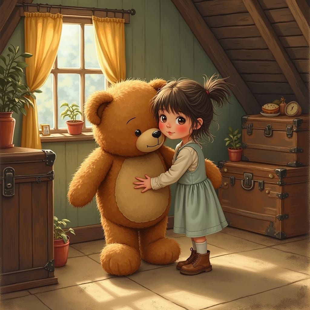 Girl Surrounded by Vintage Delights in a Whimsical Attic Sce...