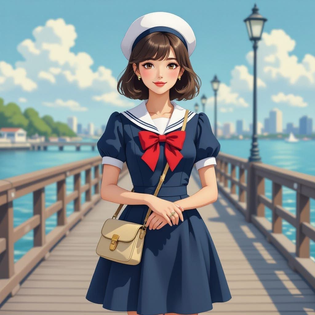 Japanese Woman in Sailor Dress, Fashion Sketch