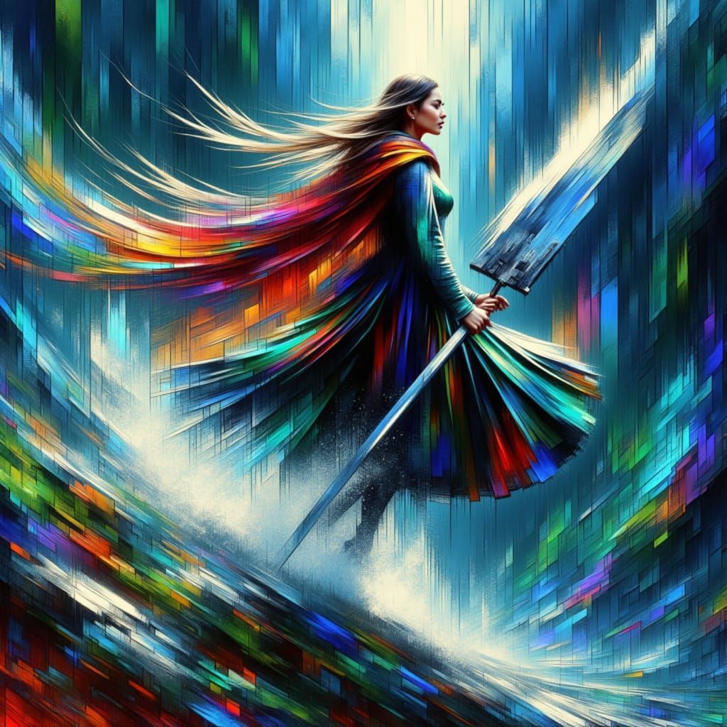 Sword Shines Against Turbulent Skies in Pixelated Raster Art