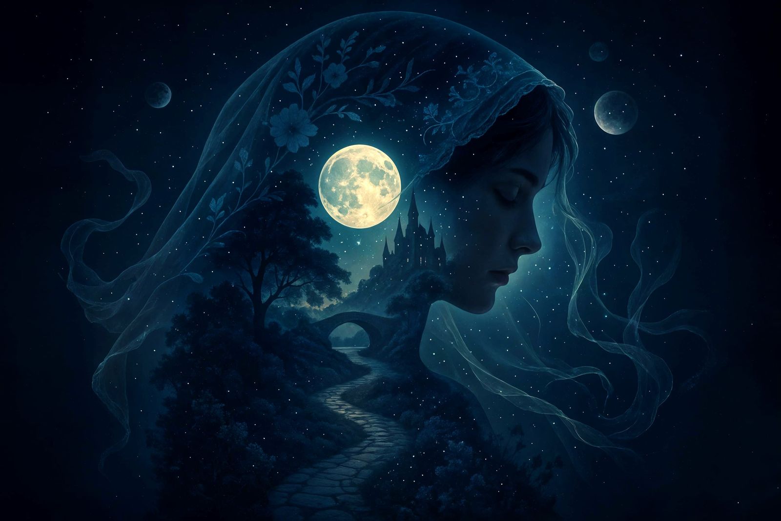 Fantasy Double Exposure: Woman and Celestial Landscape