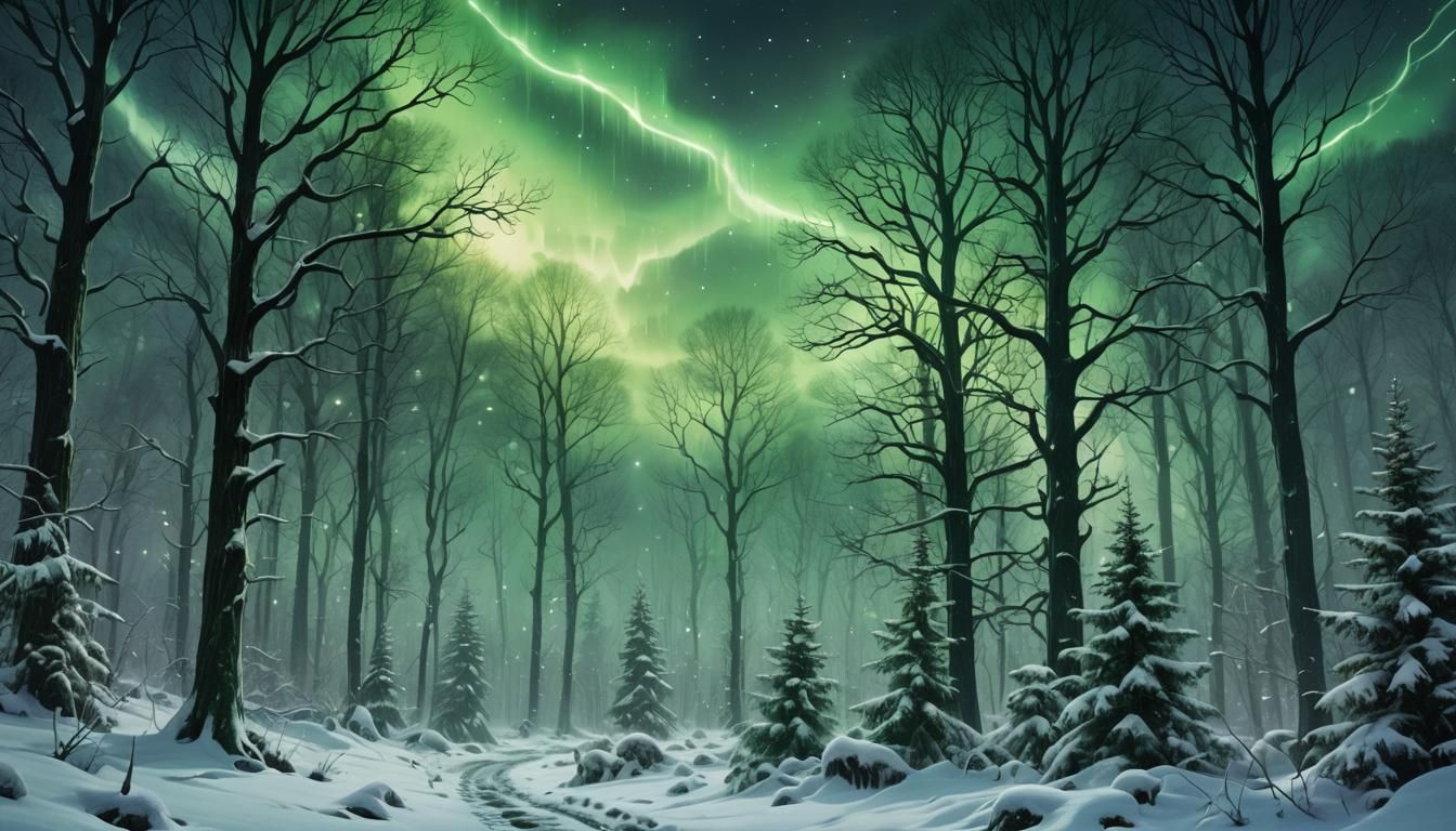 Green Lights Over Snowy Forest, Astral Illustration