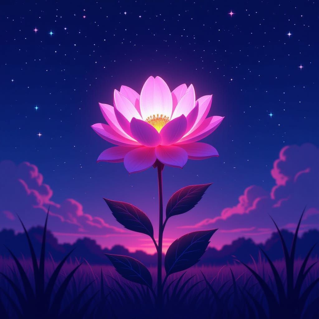 Glowing Synthwave Flower Under Starry Night Sky