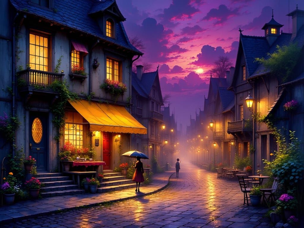 European Street Scene at Twilight in Fantasy Art Style