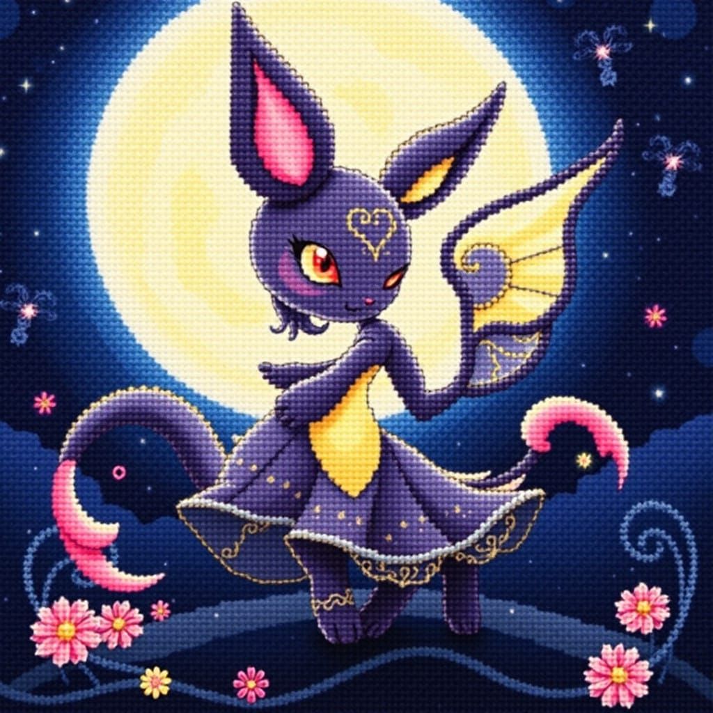 Moonlit Anime Needlepoint Fantasy with Dancing Espeon and Um...