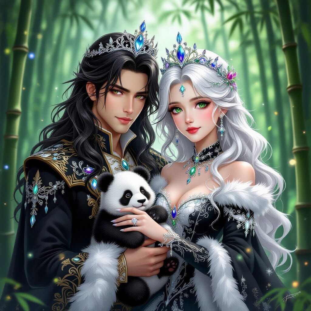 Fantasy Prince and Princess with Panda Cub in Bamboo Forest