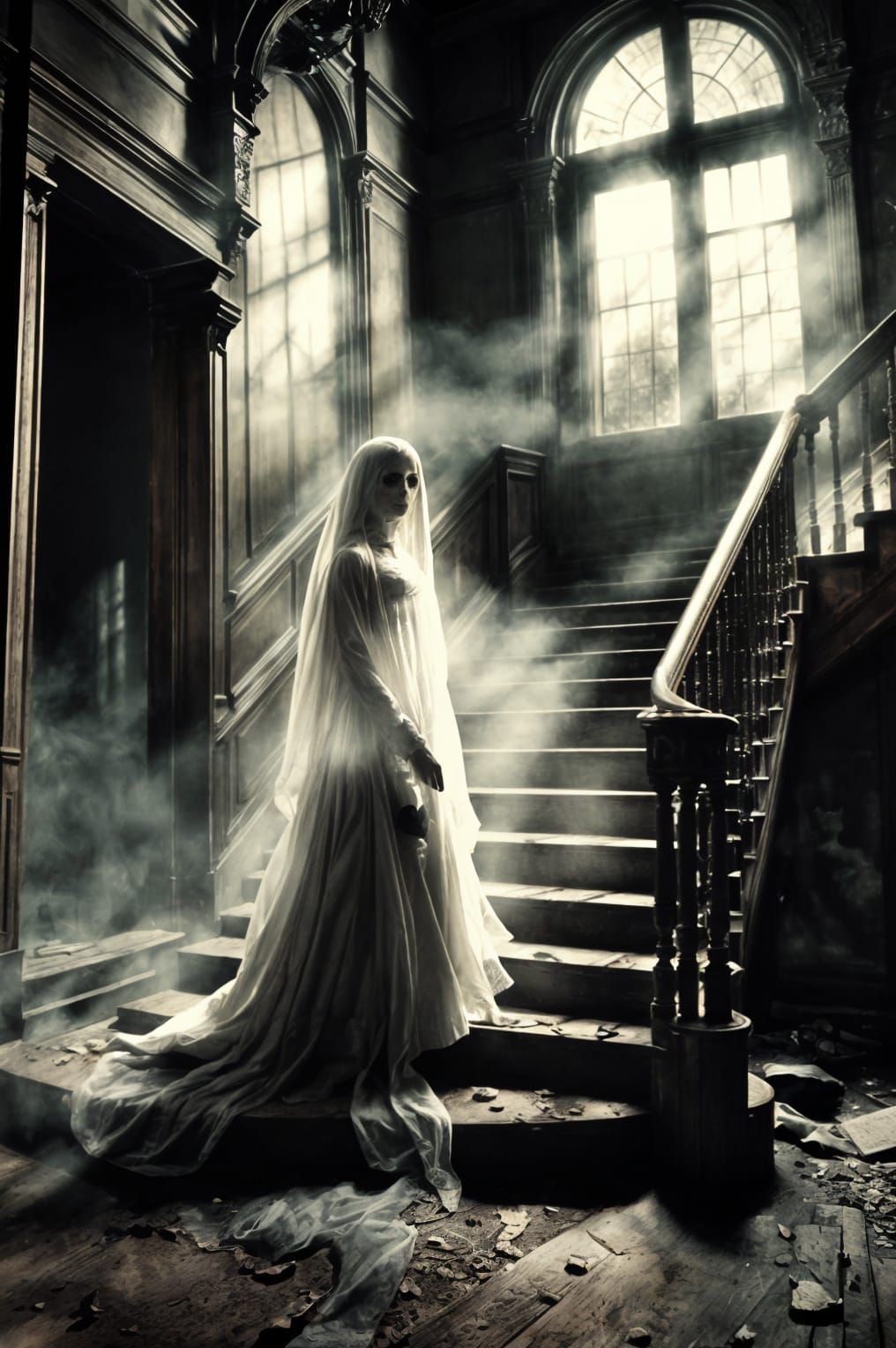 Victorian Ghost Descends Decaying Staircase