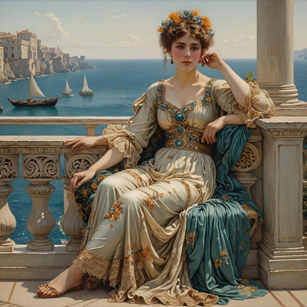 Classical Woman in Gown on Balcony Painting