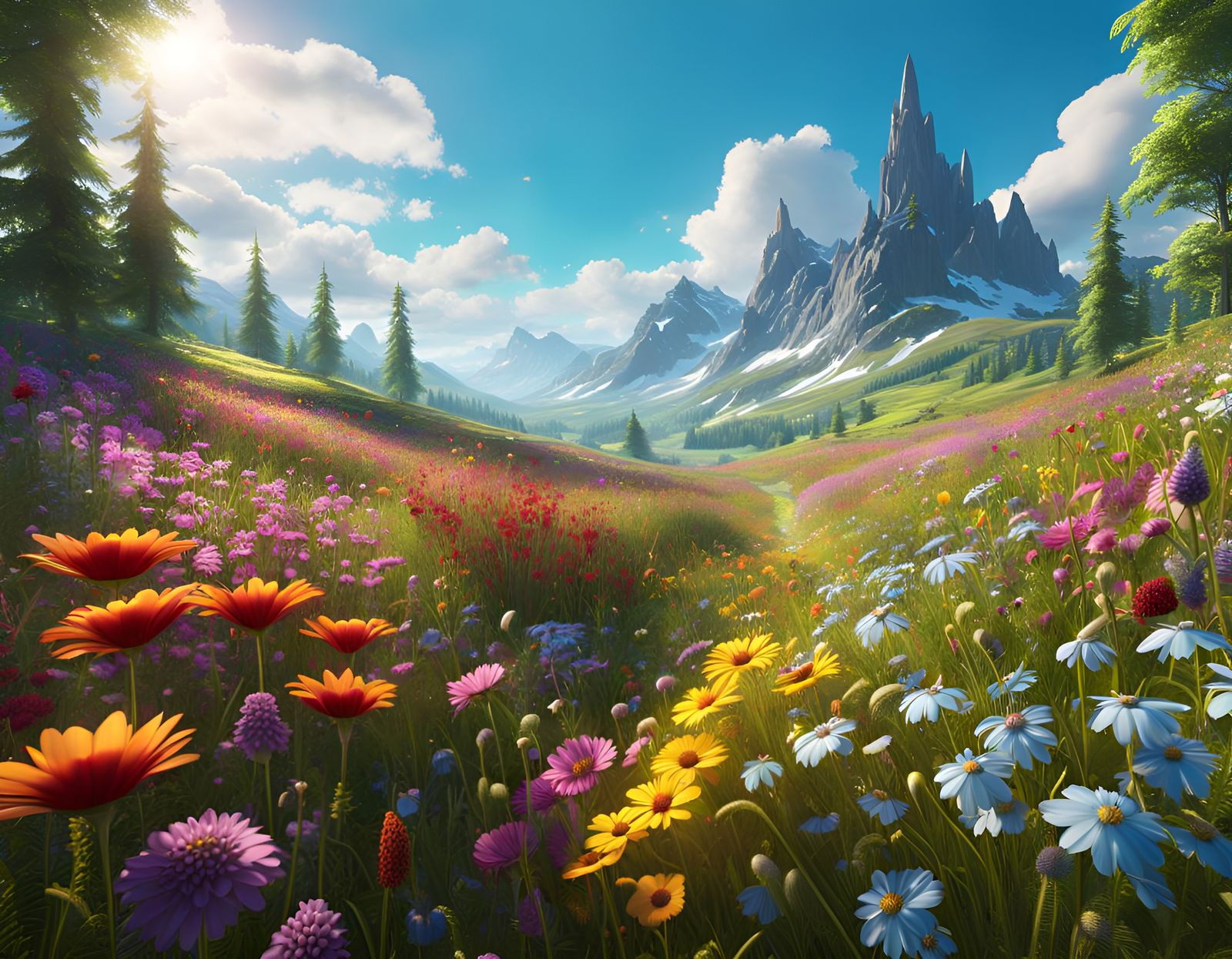 Sunny Flower Meadow: Fantastical Matte Painting