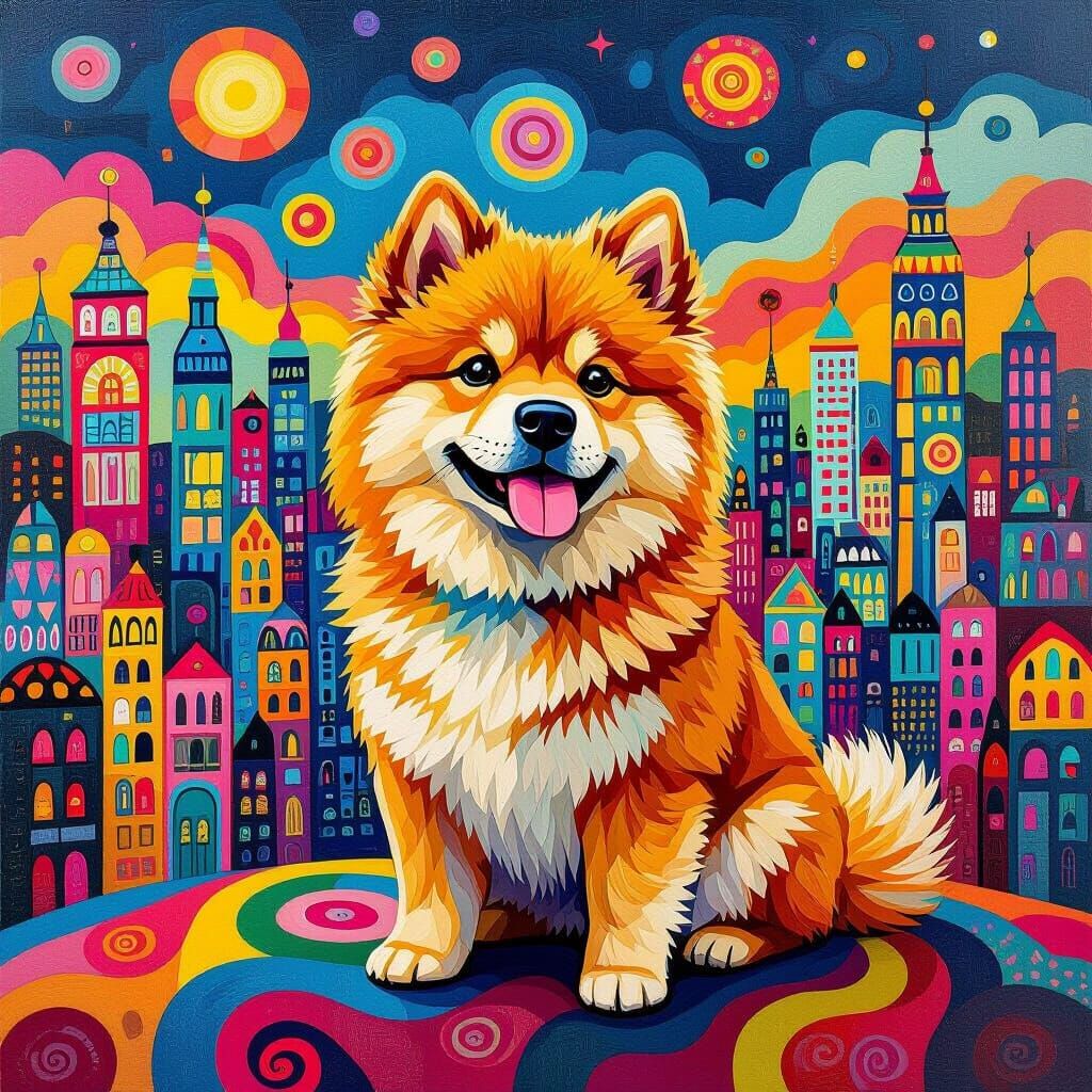 Chowchow Dog in Dreamlike Hundertwasser Cityscape