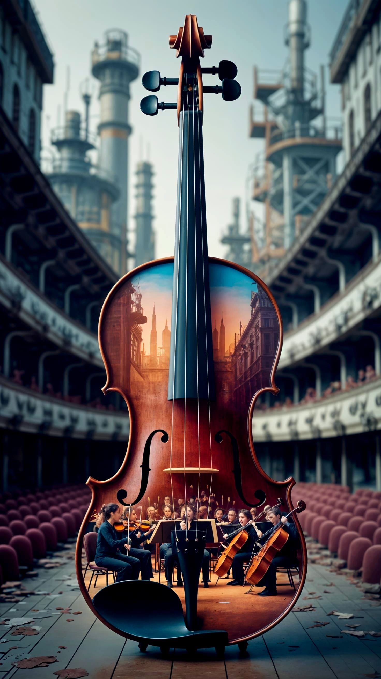Violin Silhouette in City Decay