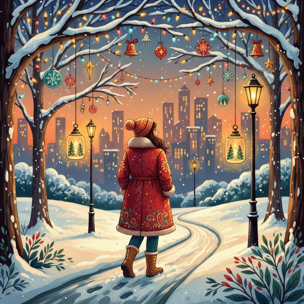 Cozy Snowy Park with Festive Holiday Lights