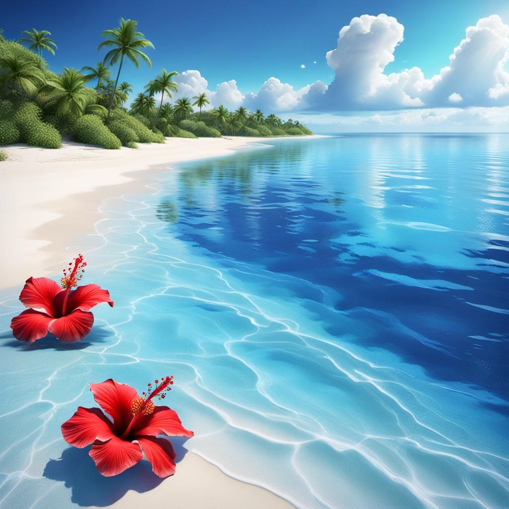 cobalt blue clear water beach with iridescent aqua waters on...