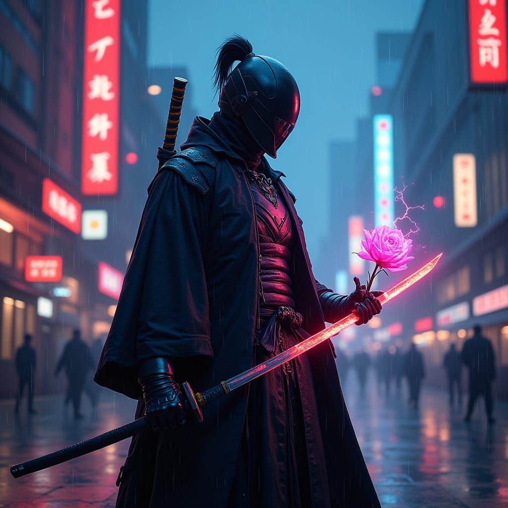 Cyberpunk Samurai with Neon Rose Katana