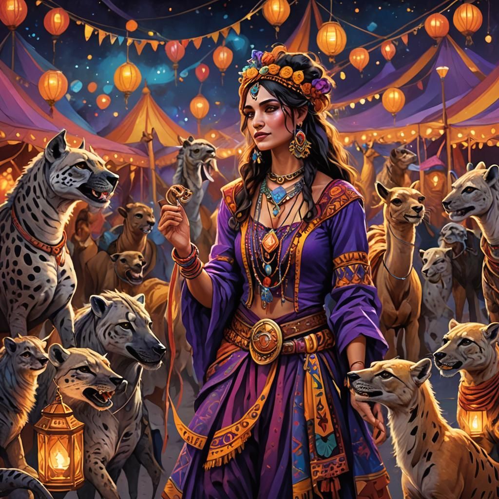 Colorful Circus Performer with Exotic Animals