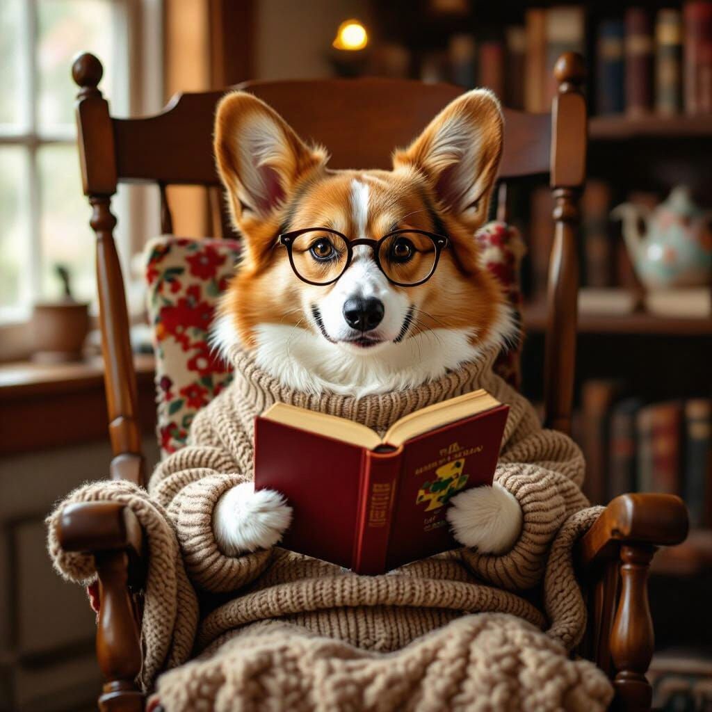 Cozy Corgi Reading: Whimsical Vintage Illustration