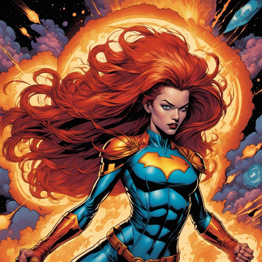 Starfire Blasts Energy in Galactic Nebula Retro Comic Style