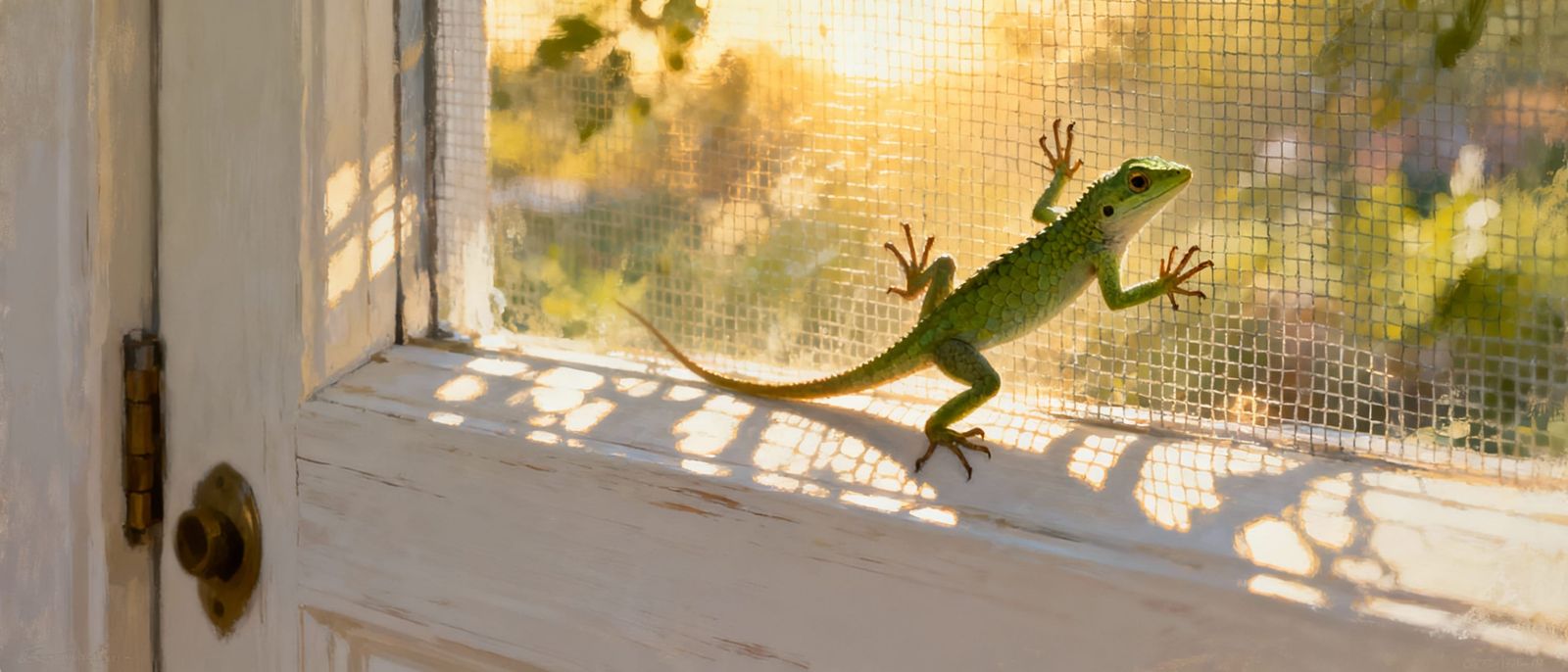 Hyperrealistic Lizard on Kitchen Screen Door