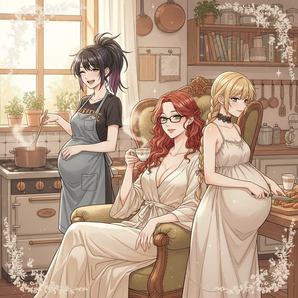 Shoujo Style Elegant Woman with Two Wives in Cozy Kitchen