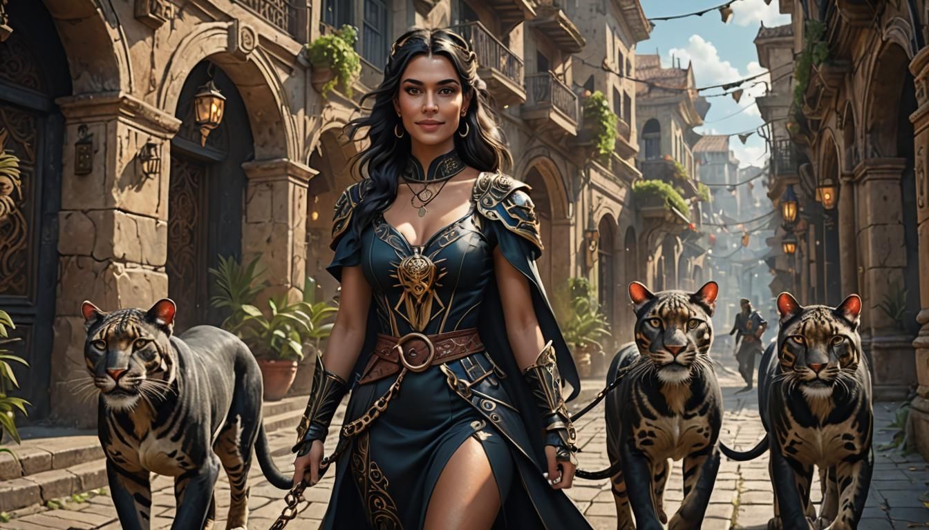 Woman Walking Panthers: Detailed Matte Painting