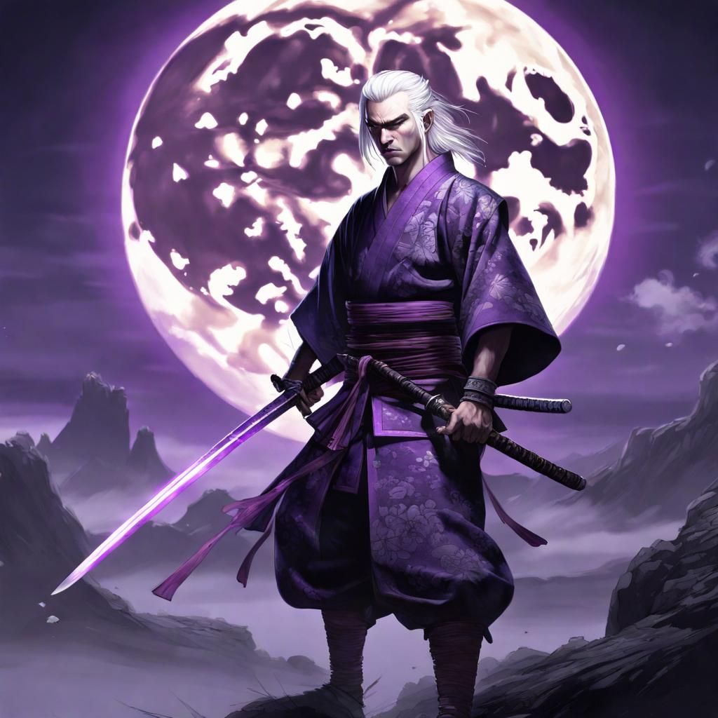 Samurai Warrior with Swords and Moon Backdrop