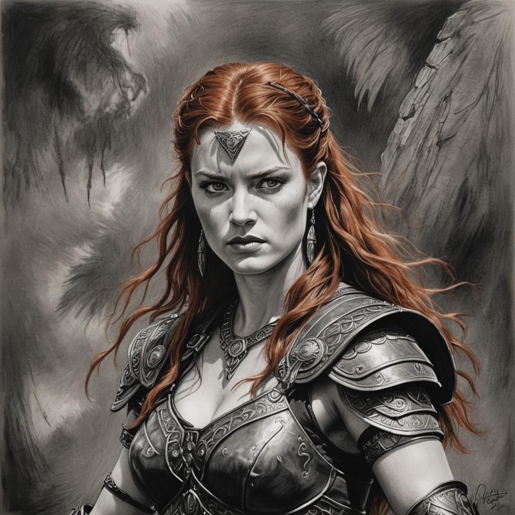 Redhead Amazon Dancer in Charcoal Drawing Style