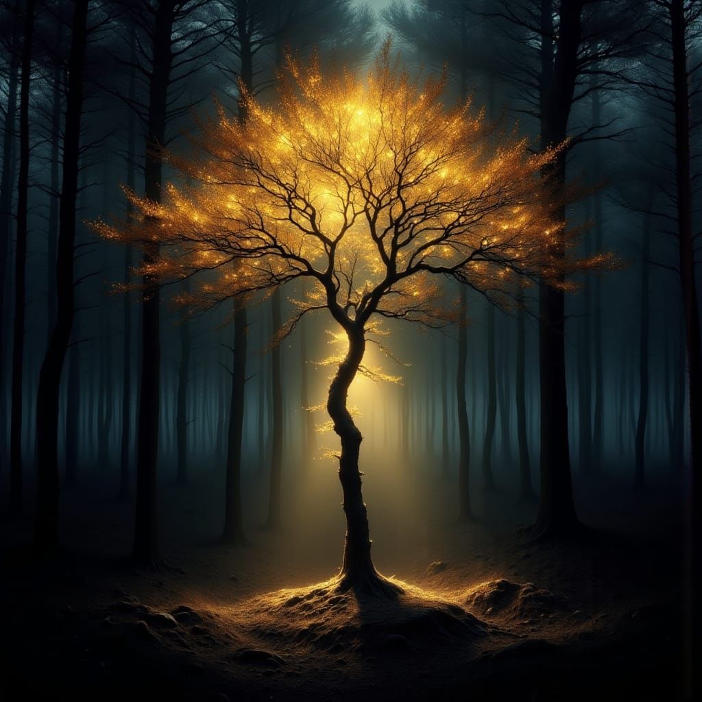 Glowing Tree in Dark Forest, High Contrast