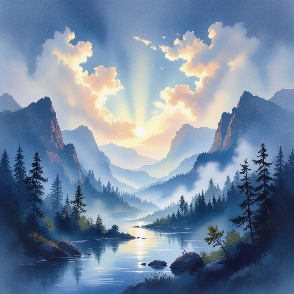 Vibrant Watercolor Landscape with Flowing River and Sky