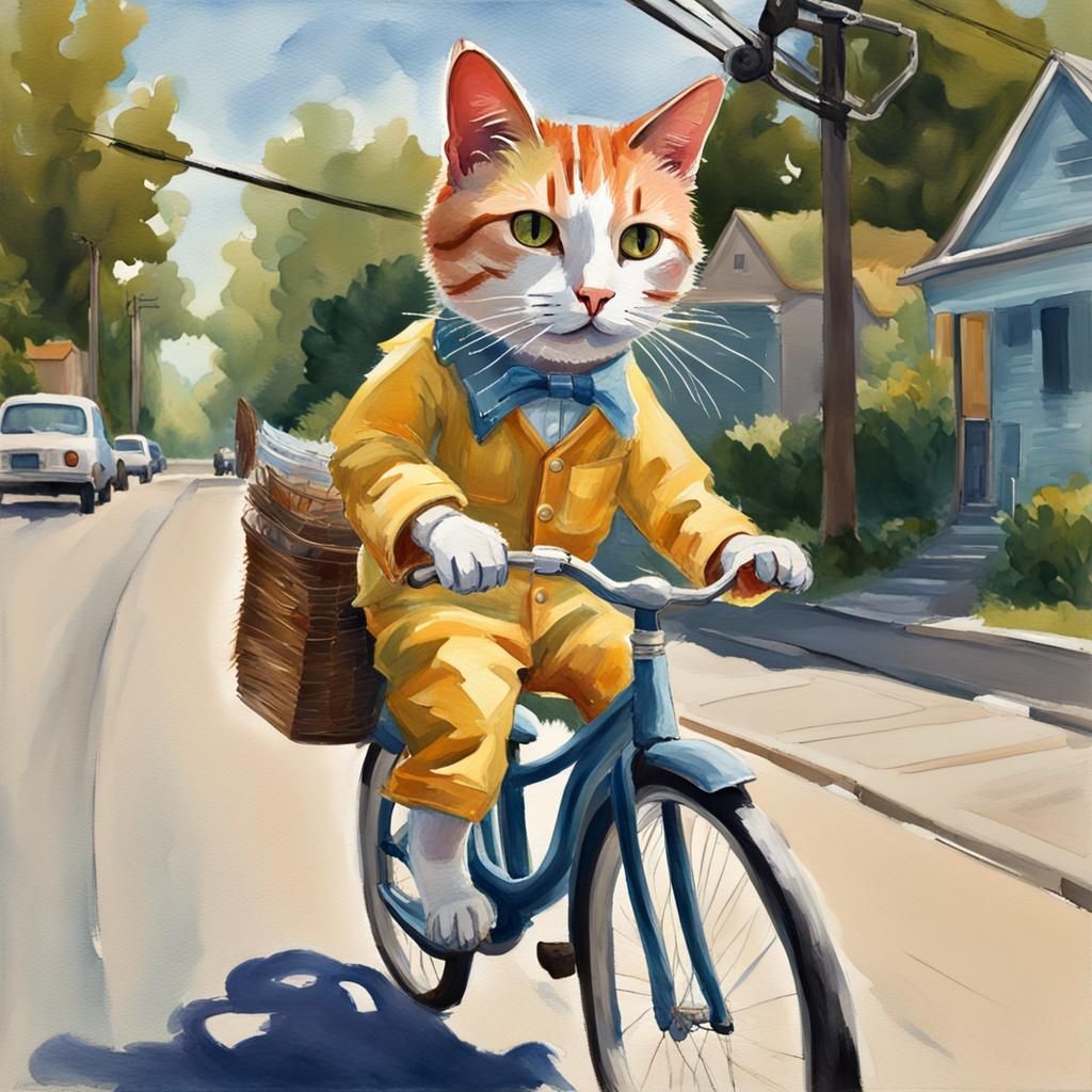 Cat Rides Bicycle in Gouache Impressionist Style